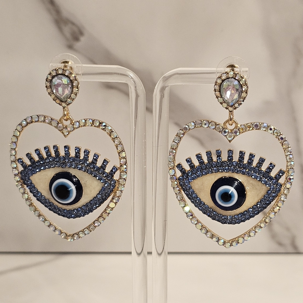 Festival Ready Evil Eye Heart Rhinestone Oversized Statement Earrings